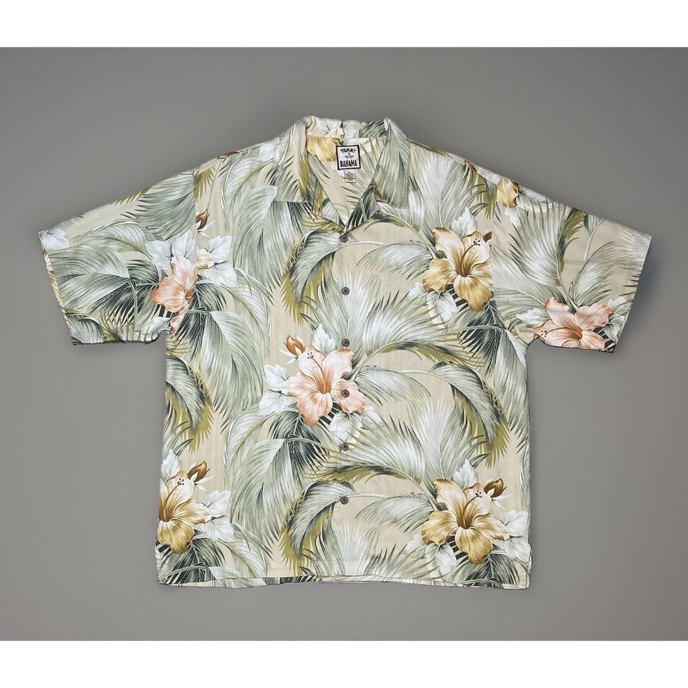Men XL Vintage Tommy Bahama Tropical Flower Hawaiian Button Down Shirt 100% Silk